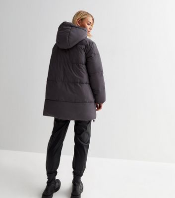 Petite Grey Mid Length Hooded Puffer 
