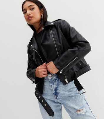 Petite Black Leather-Look Belted Biker Jacket