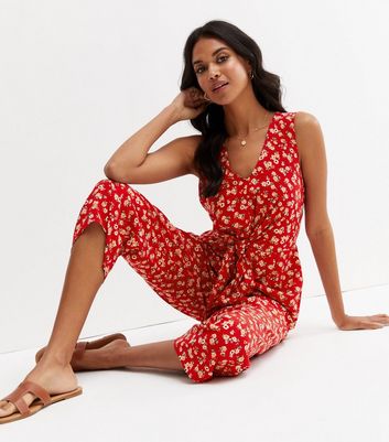 Red Ditsy Floral Tie Front Crop Jumpsuit New Look