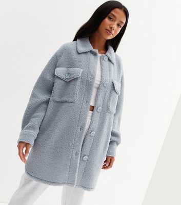 Petite Pale Blue Teddy Pocket Front Long Shacket