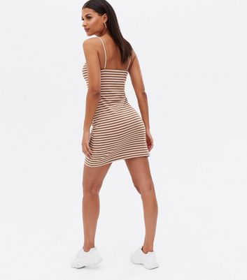 Brown Stripe Ribbed Twist Strappy Mini Dress New Look