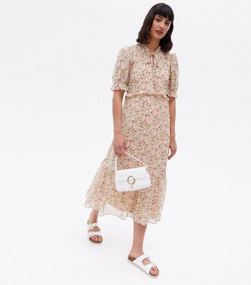 Off White Ditsy Floral Chiffon Frill Midi Dress New Look