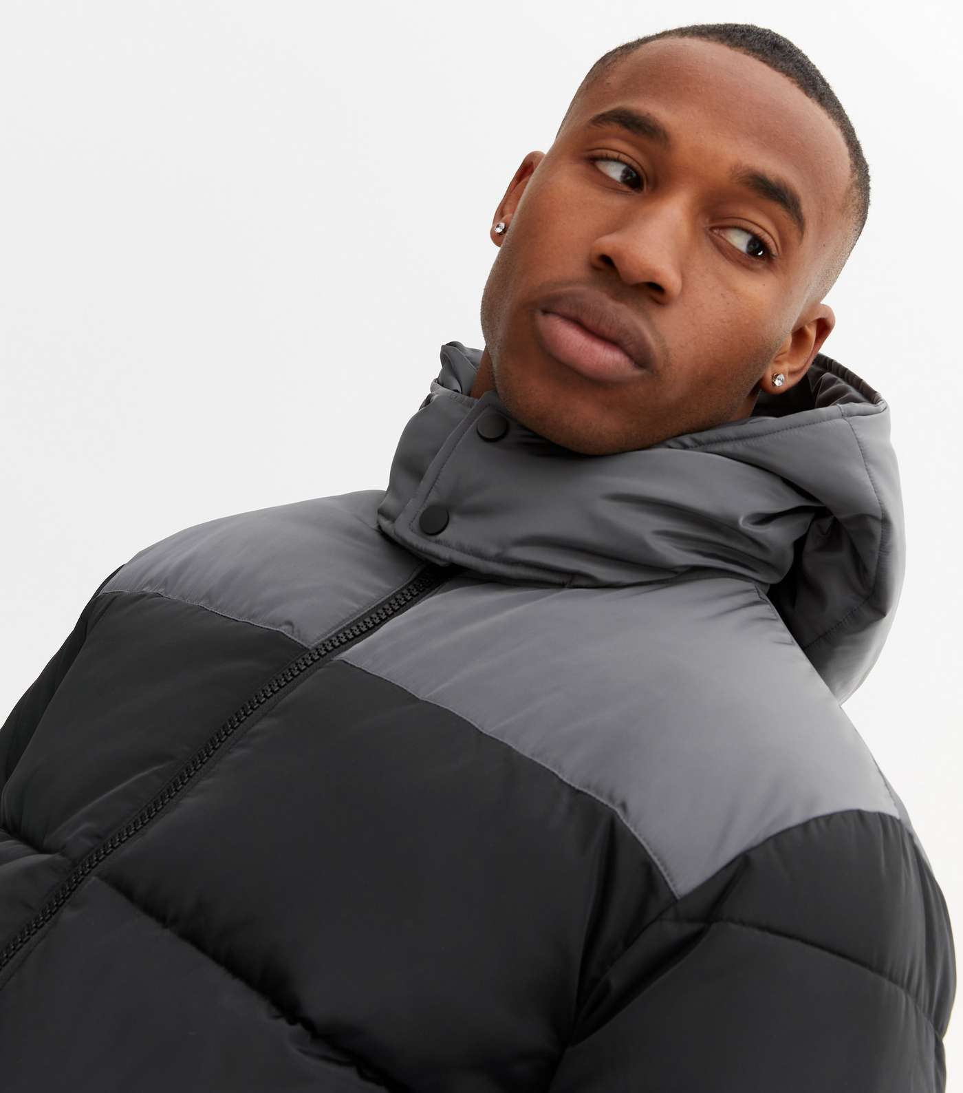 Black Colour Block Hooded Puffer Jacket Image 3