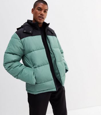 Green Colour Block Hooded Puffer Jacket