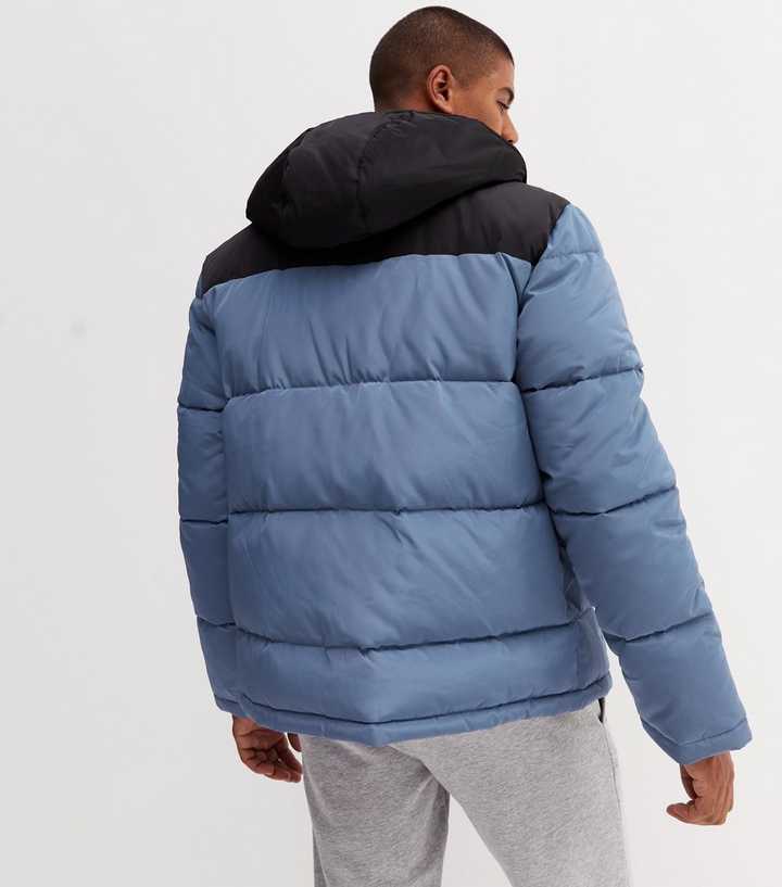 Blue Colour Block Hooded Puffer Jacket | New Look