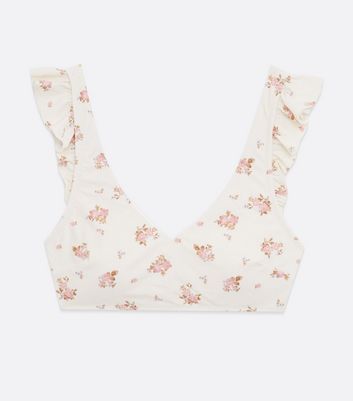 Off White Ditsy Floral Frill Crop Bikini Top New Look