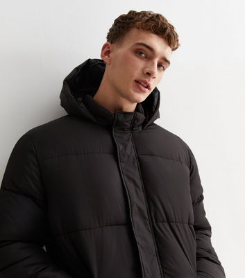 Men's Black Hooded Long Puffer Jacket New Look