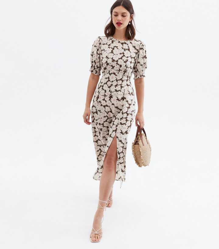 Brown Daisy Puff Sleeve Split Midi Dress