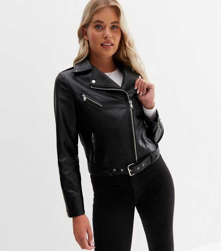 New Look Tall belted faux leather biker jacket in black