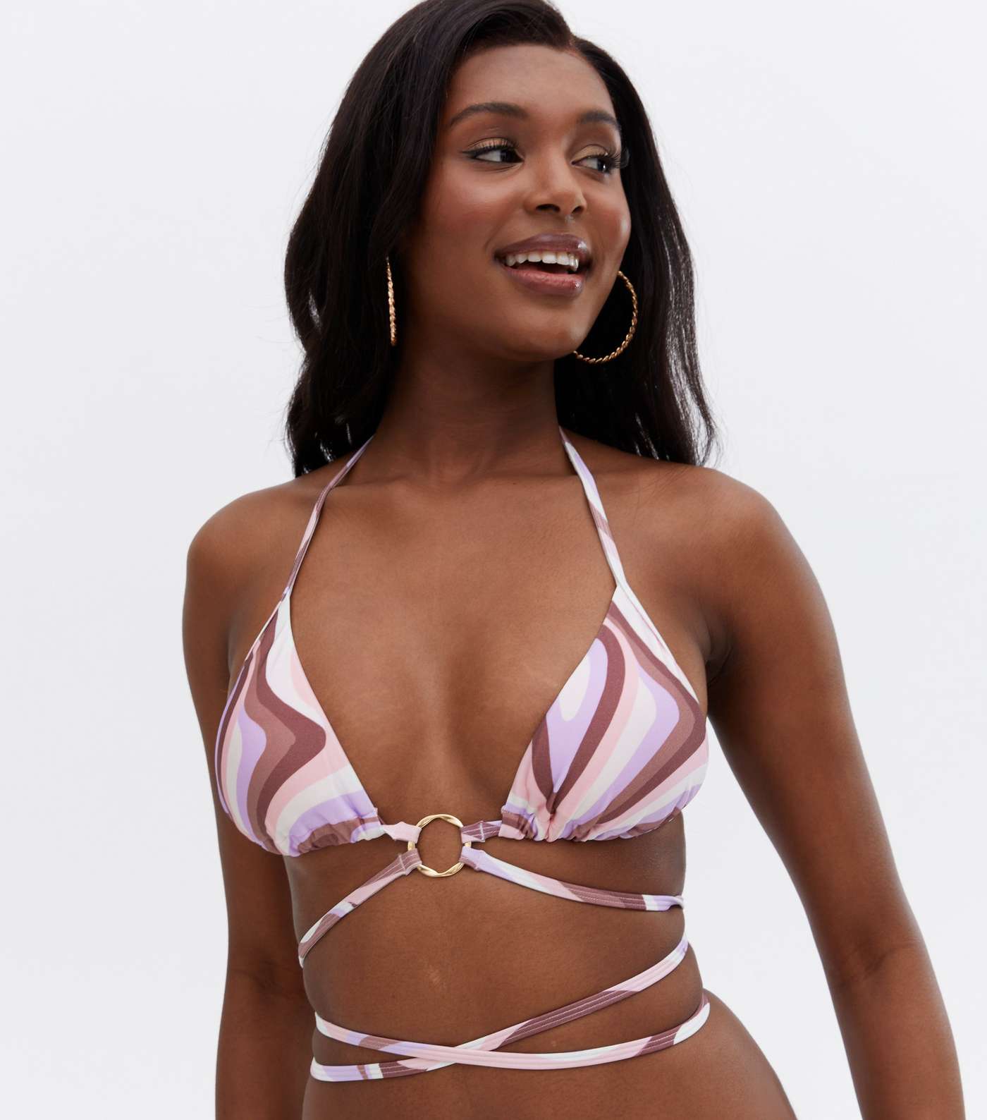 Pink Abstract Ring Strappy Triangle Bikini Top Image 3