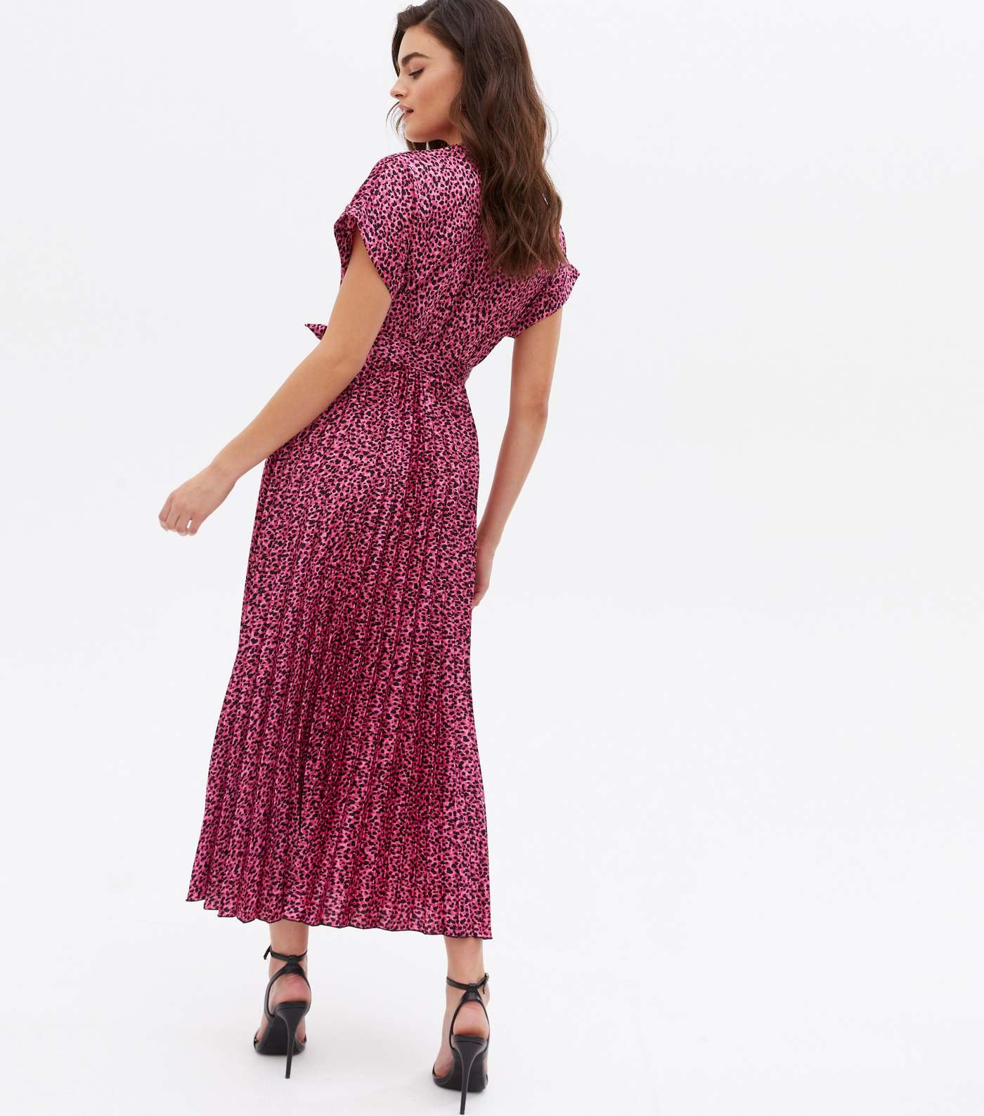 Pink Leopard Print Satin Pleated Midi Wrap Dress Image 4