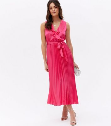 Bright Pink Satin Pleated Midi Wrap Dress New Look