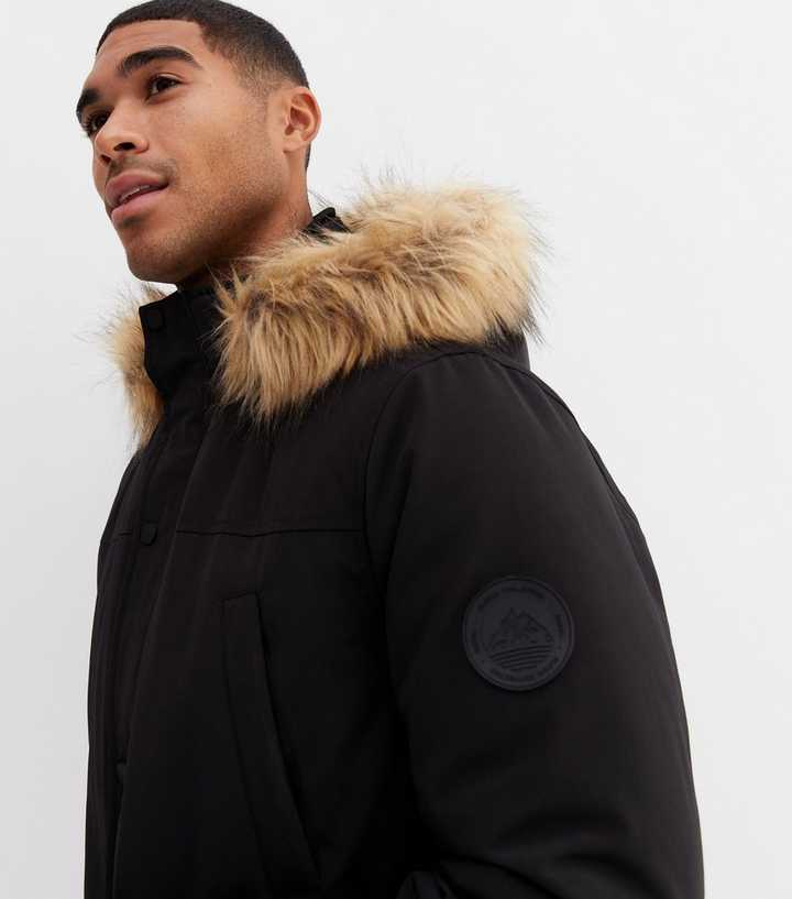 Black Faux Fur Trim Hooded Parka Jacket | New Look