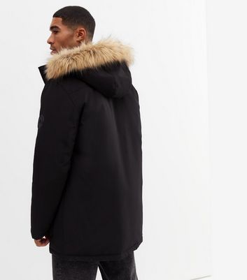 Men's Black Faux Fur Trim Hooded Parka Jacket New Look