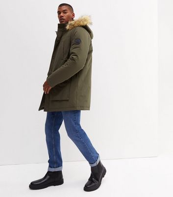 Khaki Faux Fur Trim Hooded Parka Jacket New Look