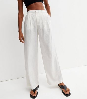 Off White Linen Blend Tailored Wide Leg Trousers  New Look