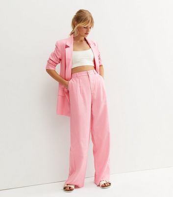 Mid Pink Linen Blend Tailored Wide Leg 