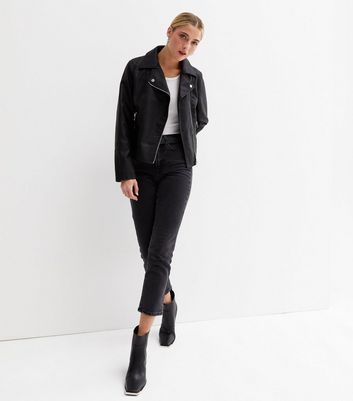 Black Quilted Leather-Look Biker Jacket