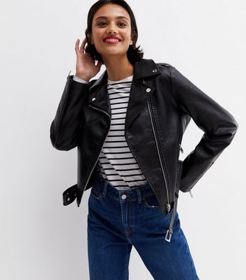 Black Leather Look Belted Biker Jacket New Look