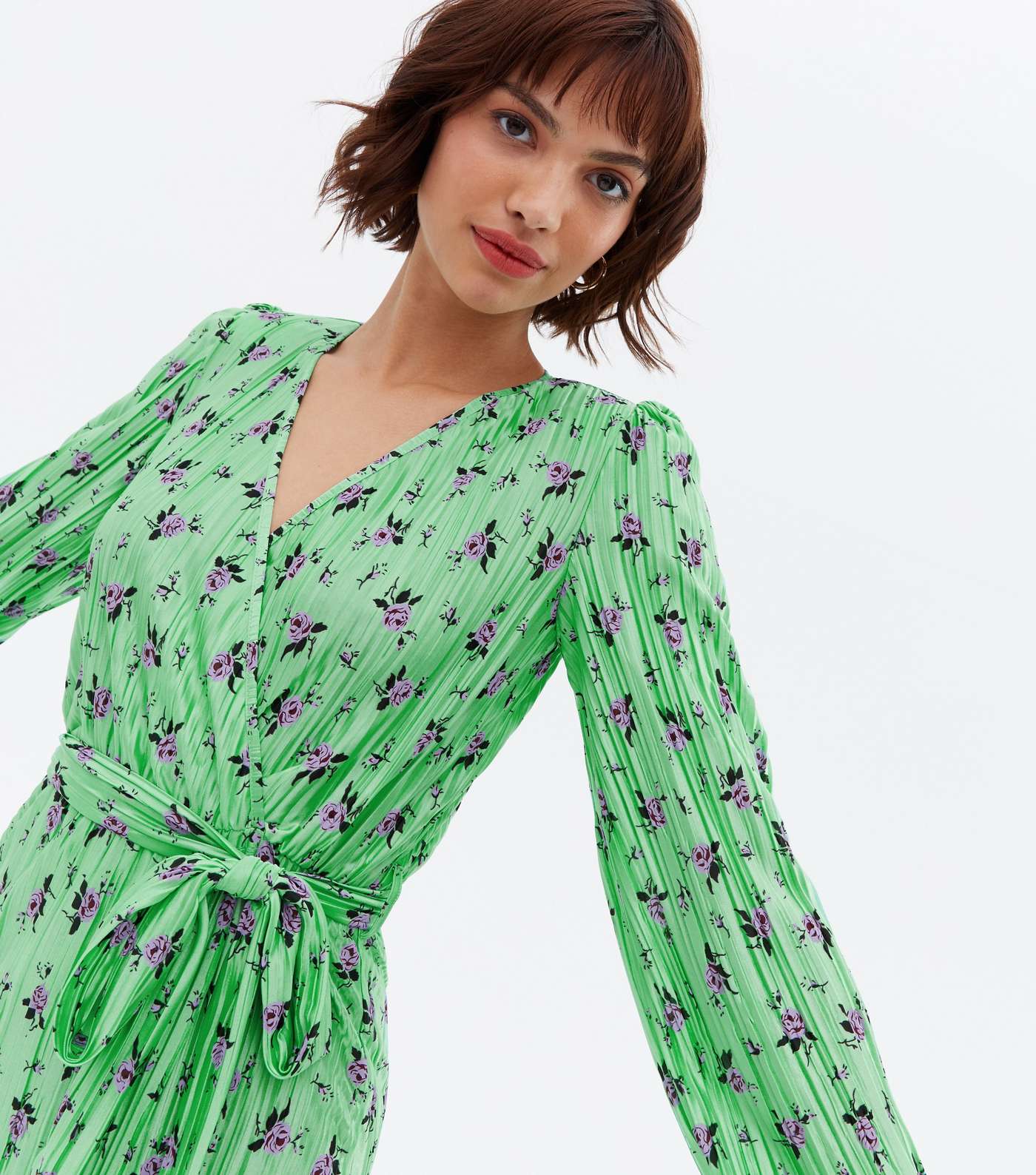 Green Ditsy Floral Plissé Belted Midi Wrap Dress Image 3