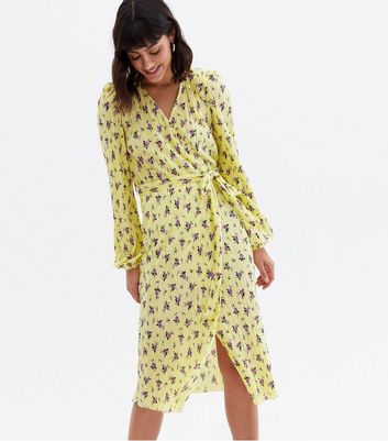 Yellow Ditsy Floral Plissé Belted Midi Wrap Dress New Look