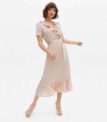 Pale Pink Satin Ruffle Midi Wrap Dress New Look