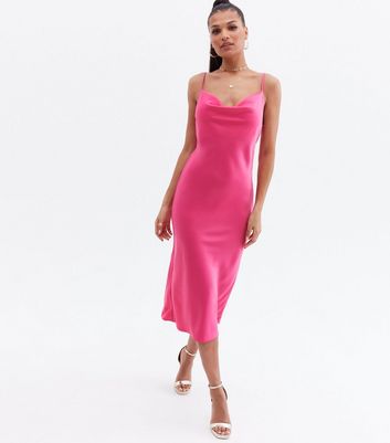 Bright Pink Satin Cowl Neck Midi Slip Dress New Look