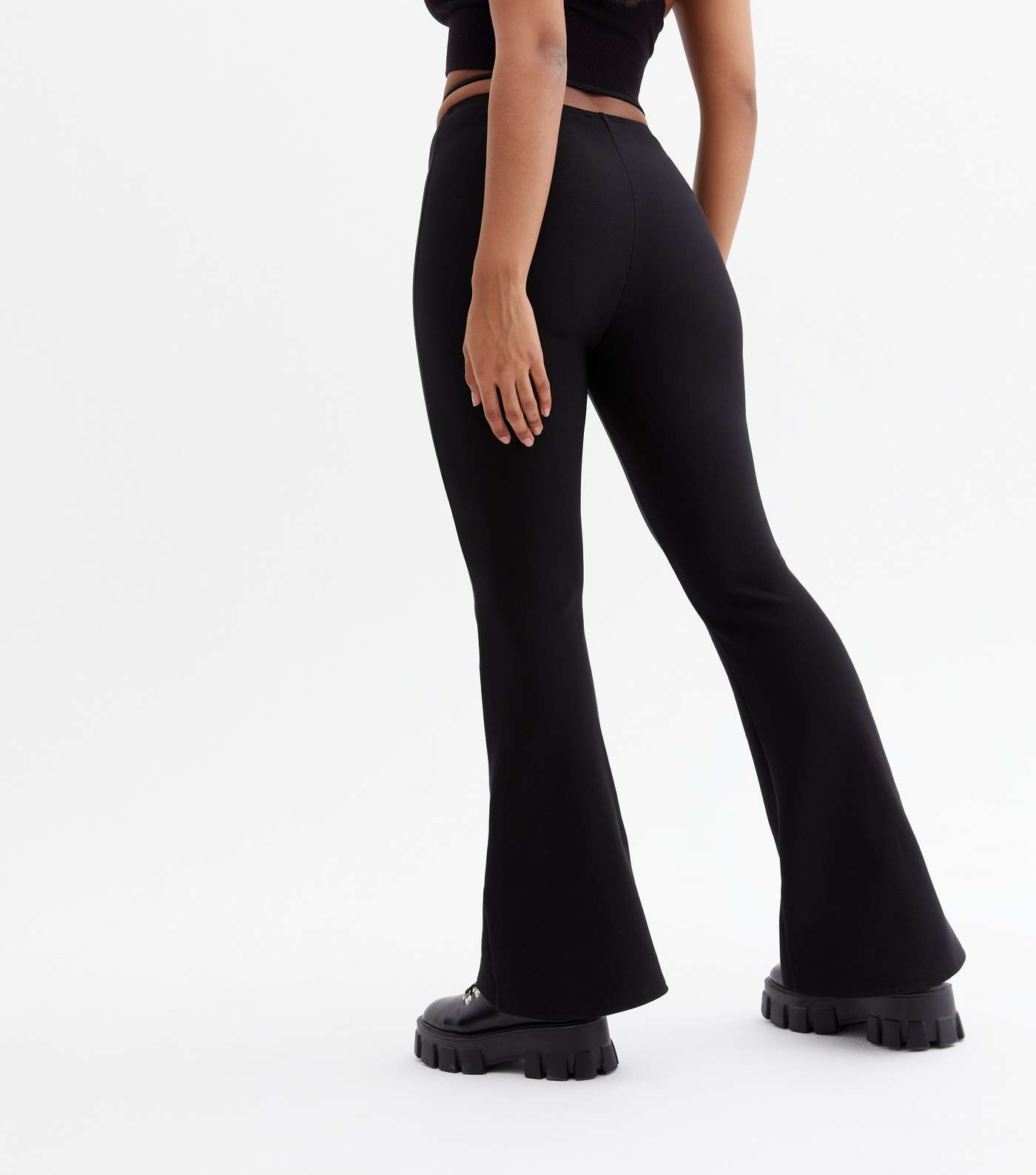 Black Ring Tie Strap Flared Trousers Image 4