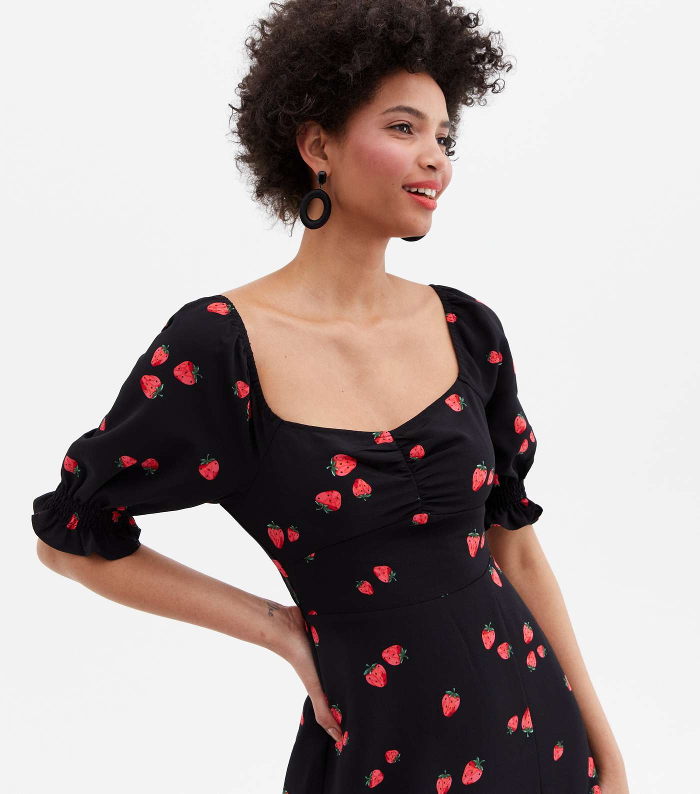 Black Strawberry Ruched Front Tie Back Midi Dress Image 3