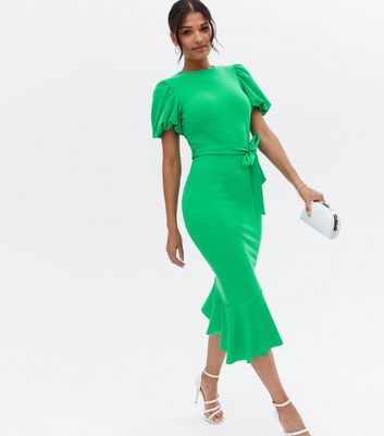 Green Scuba Crepe Puff Sleeve Belted Midi Dress New Look