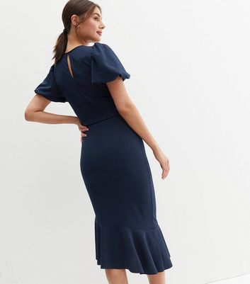 Navy Scuba Crepe Puff Sleeve Belted 