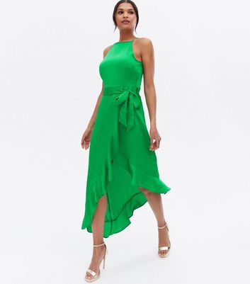 Click to view product details and reviews for Green Satin Ruffle Belted Midi Dress New Look.