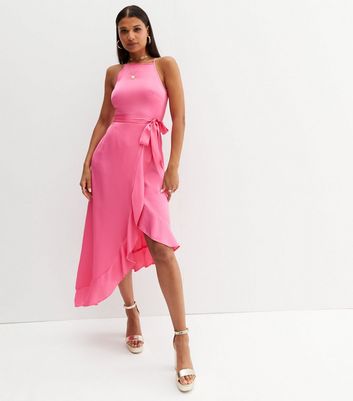 Bright Pink Satin Ruffle Belted Midi 