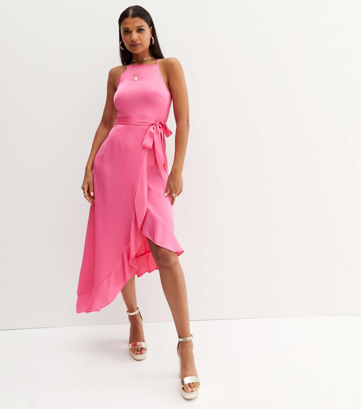 Bright Pink Satin Ruffle Belted Midi Dress Image 2
