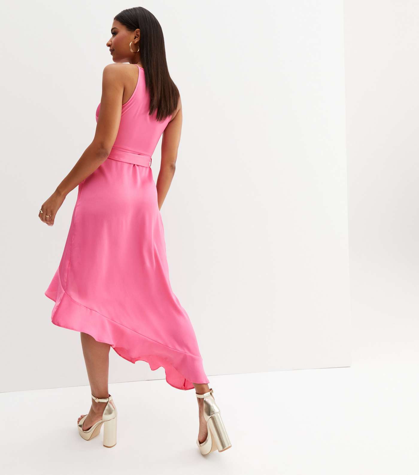 Bright Pink Satin Ruffle Belted Midi Dress Image 4