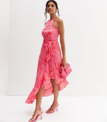 Click to view product details and reviews for Pink Zebra Print Satin Ruffle Tie Waist Midi Dress New Look.