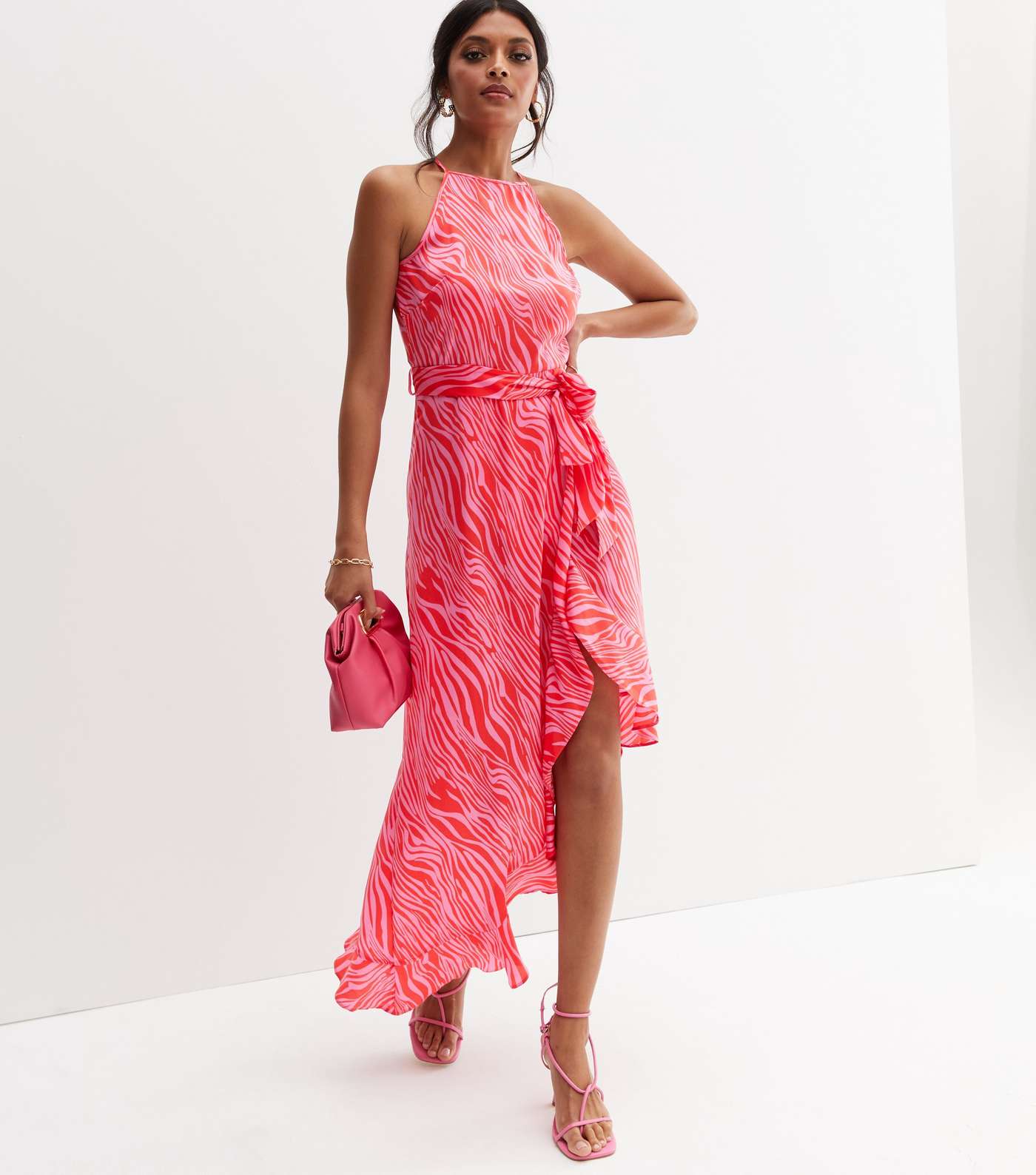 Pink Zebra Print Satin Ruffle Tie Waist Midi Dress Image 3