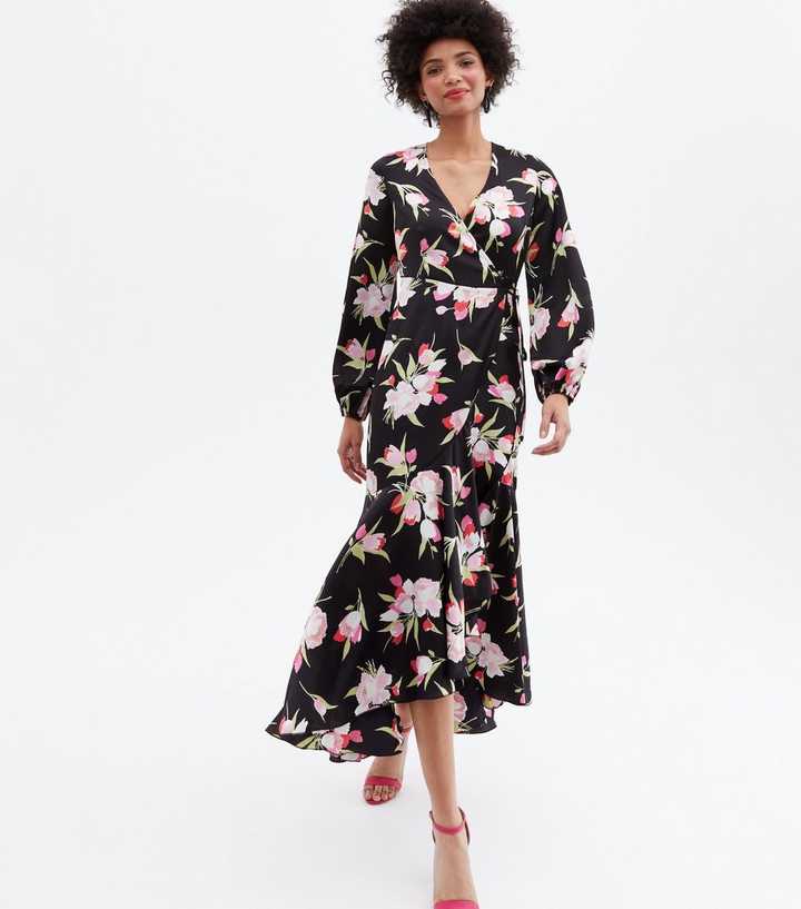 Black Floral Satin Dip Hem Midi Wrap Dress
