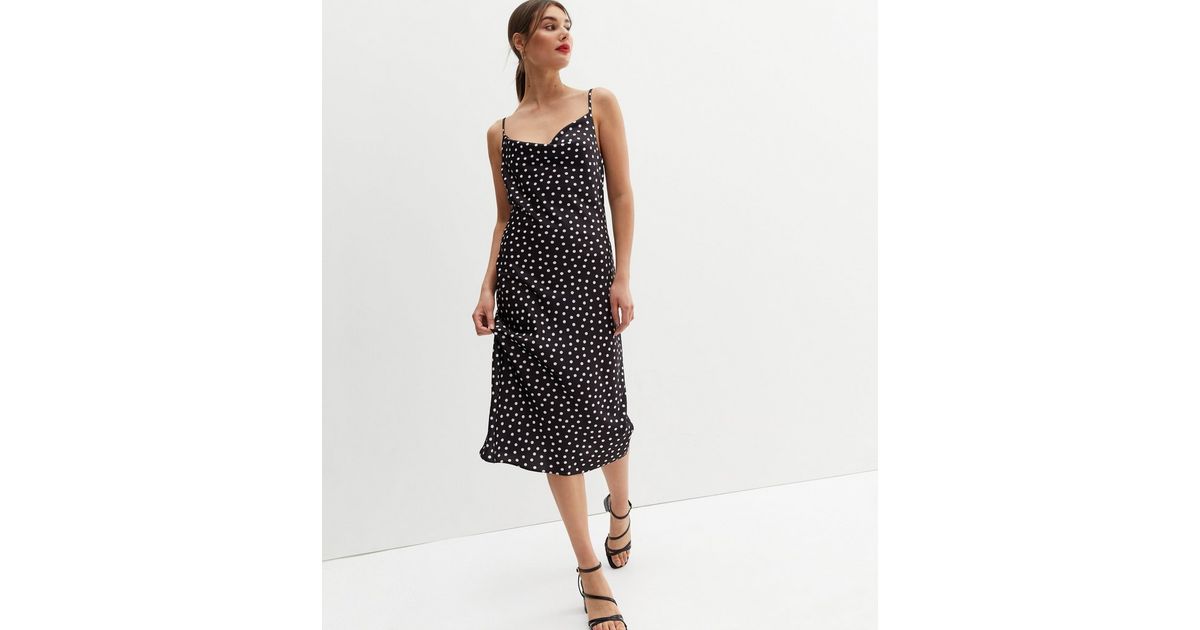 Black Spot Satin Cowl Neck Strappy Midi Dress | New Look