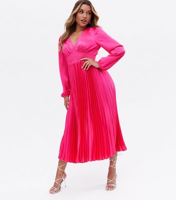 Bright Pink Satin Shirred Pleated Midi Dress