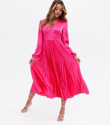 Bright Pink Satin Shirred Pleated Midi 