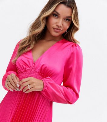 Bright Pink Satin Shirred Pleated Midi Dress | New Look