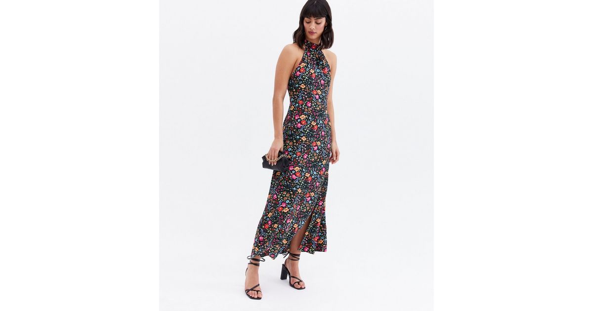 Black Floral Halter Neck Midi Dress | New Look