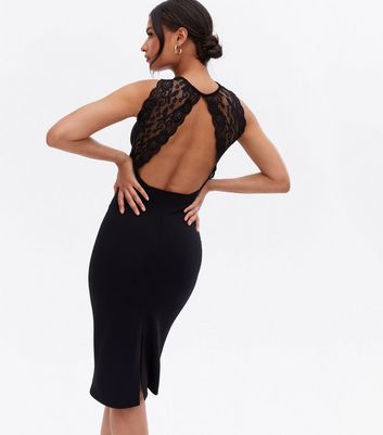 Click to view product details and reviews for Black Twist Halter Neck Lace Open Back Midi Bodycon Dress New Look.