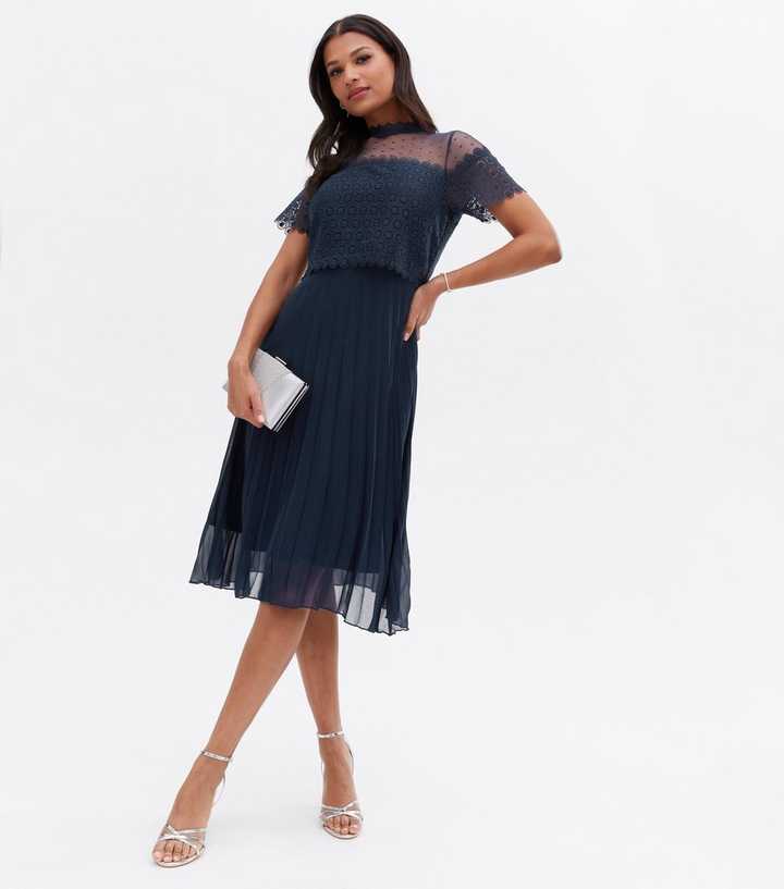 princess polly baby blue dress Navy Lace Chiffon Pleated Layered Midi Dress