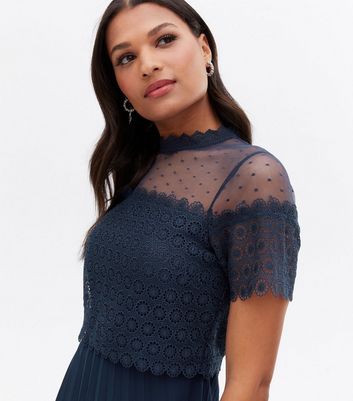 Navy Lace Chiffon Pleated Layered Midi Dress New Look