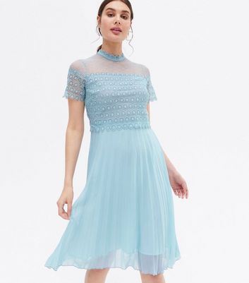 Pale Blue Lace Chiffon Pleated Layered Midi Dress New Look