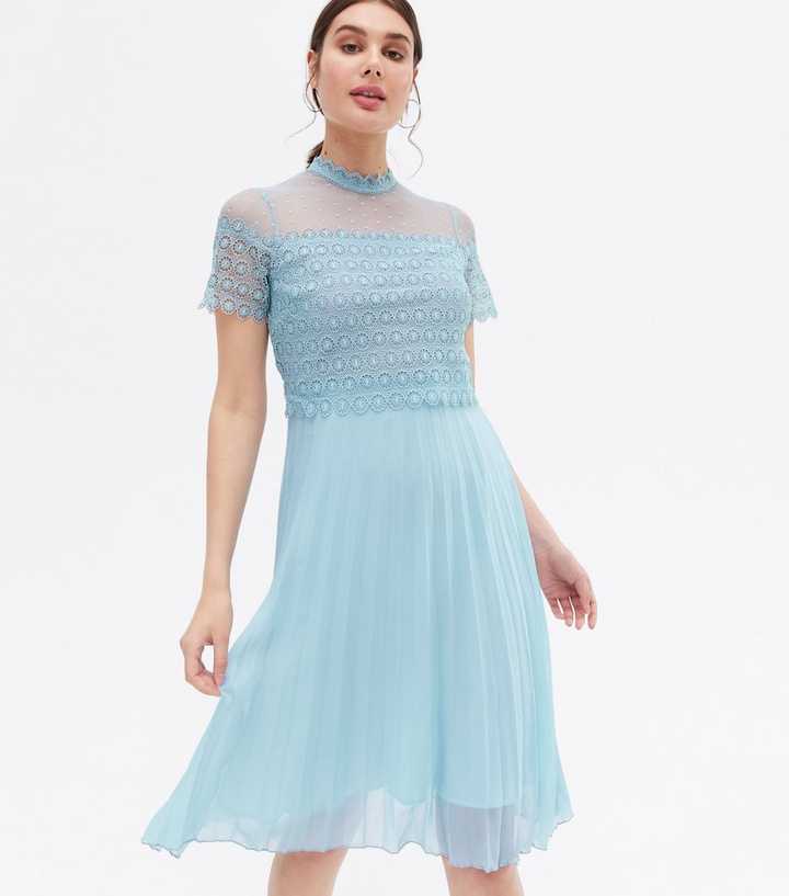 Pale Blue Lace Chiffon Pleated Layered Midi Dress | New Look