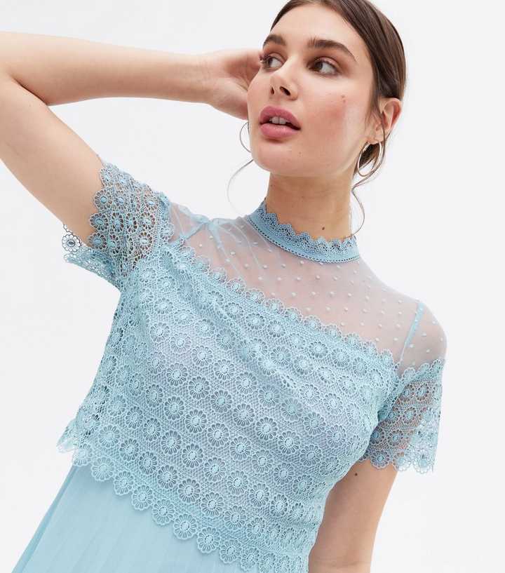Pale Blue Lace Chiffon Pleated Layered Midi Dress | New Look