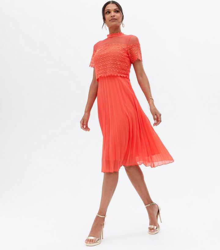 Coral Lace Chiffon Pleated Layered Midi Dress | New Look
